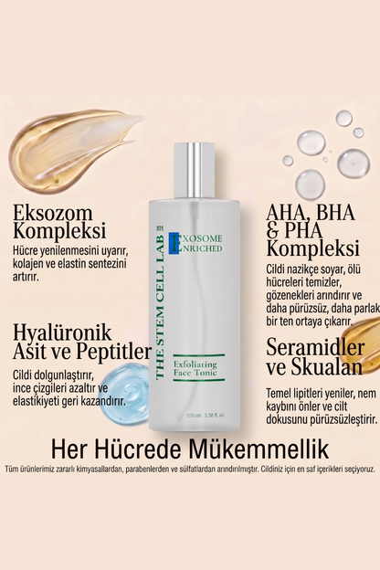 Eksozom ile Zenginleştirilmiş Komple Cilt Bakım Seti | Face Tonic 100ml + Anti-Aging Serum 30ml + Nemlendirici Krem 50ml + Eye Cream Repair 10ml + Sun Cream 50+ SPF 50ml