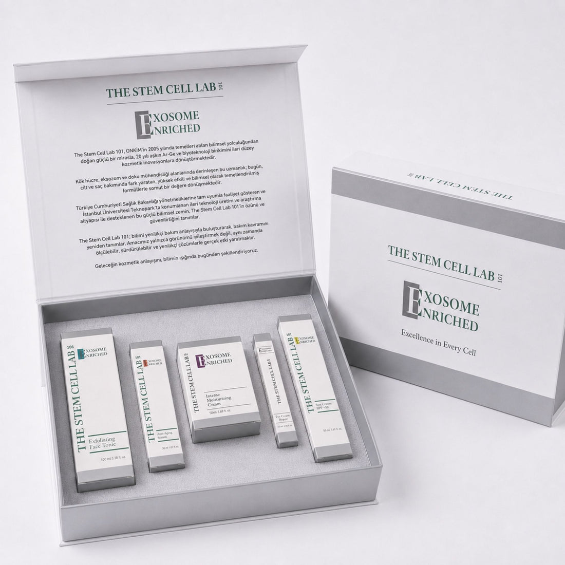 Eksozom ile Zenginleştirilmiş Komple Cilt Bakım Seti | Face Tonic 100ml + Anti-Aging Serum 30ml + Nemlendirici Krem 50ml + Eye Cream Repair 10ml + Sun Cream 50+ SPF 50ml