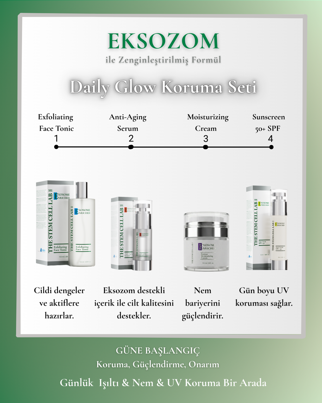 Eksozom ile Zenginleştirilmiş Daily Glow Koruma Seti - Peeling Etkili Yüz Toniği 100ml + Anti-Aging Serum 30ml + Nemlendirici Krem 50ml + Sun Cream 50+ SPF 50ml