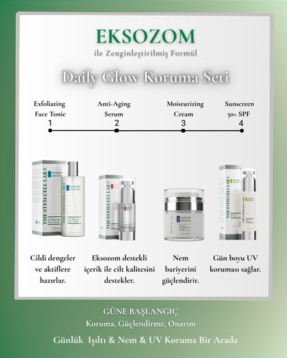 Eksozom ile Zenginleştirilmiş Daily Glow Koruma Seti - Peeling Etkili Yüz Toniği 100ml + Anti-Aging Serum 30ml + Nemlendirici Krem 50ml + Sun Cream 50+ SPF 50ml