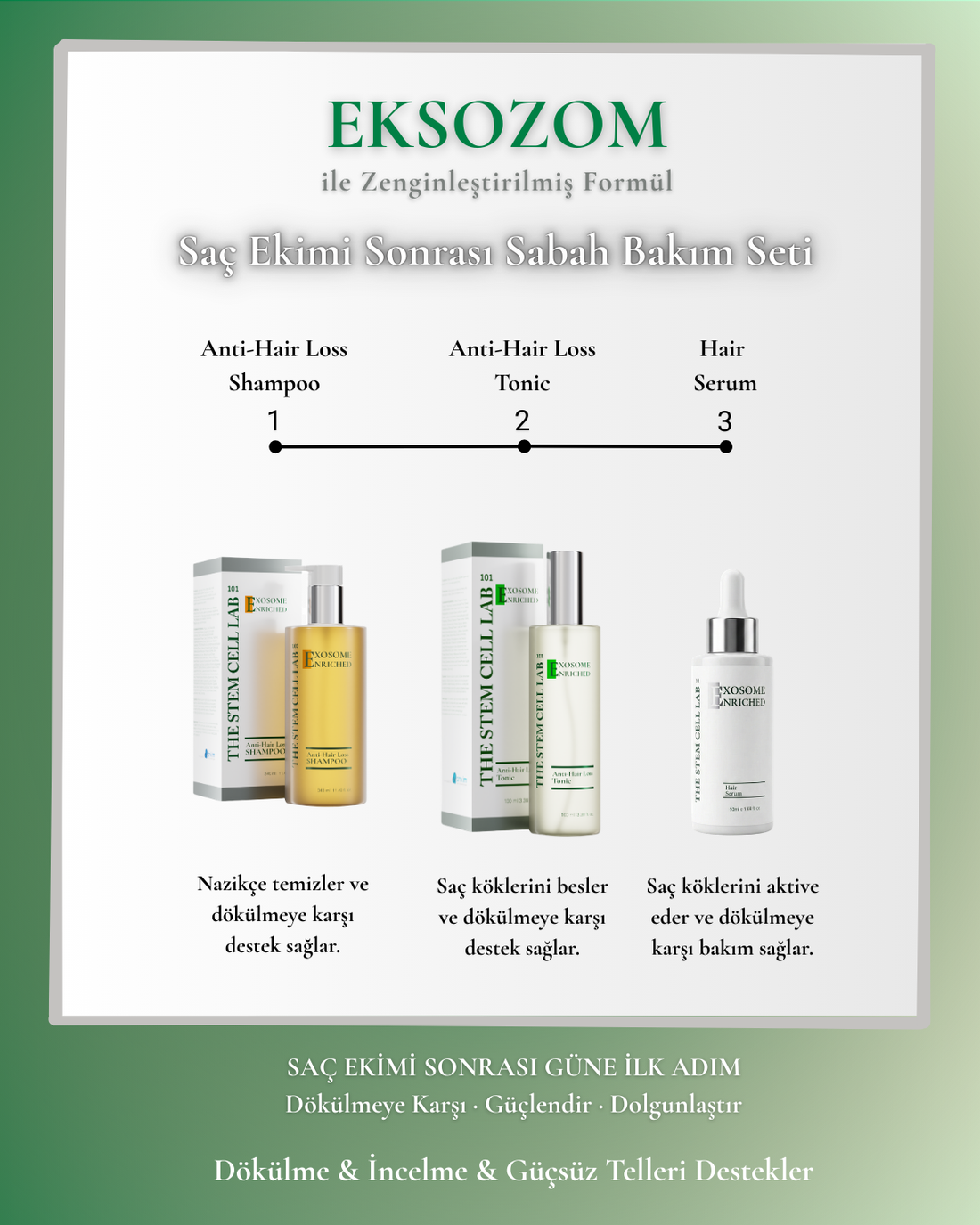 Eksozom ile Zenginleştirilmiş Saç Ekimi Sonrası Sabah Bakım Seti | Anti-Hair Loss Shampoo 340ml - Anti-Hair Loss Tonic 100ml - Hair Serum 50ml